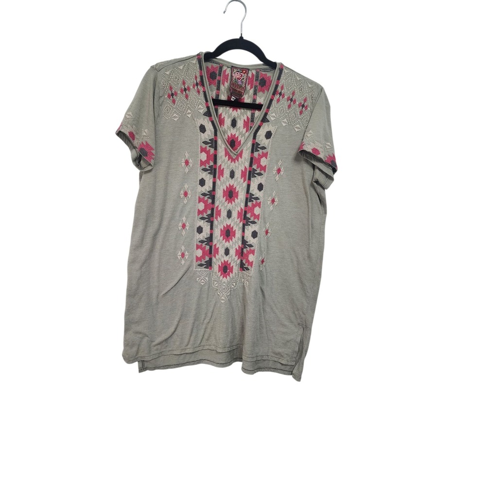 Johnny Was Gray and Pink Embroidered Short Sleeve Tee